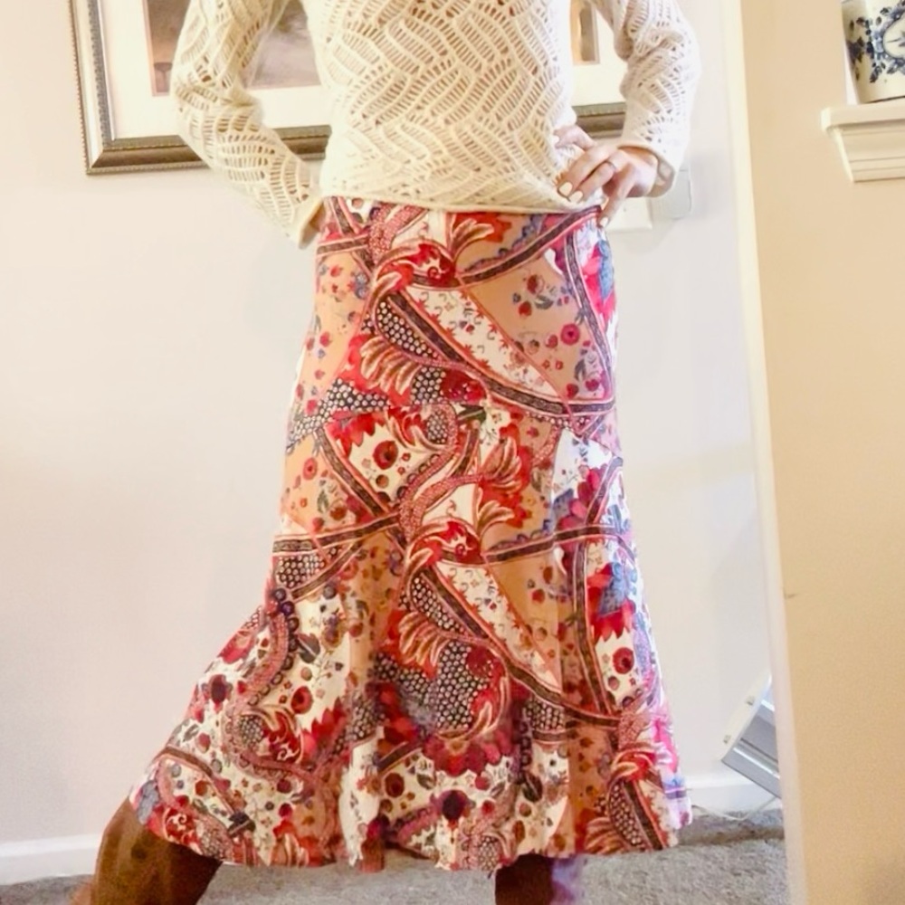 Peruvian Connection A-Line Skirt - Red, Tan, Navy, Cream Floral. Size S